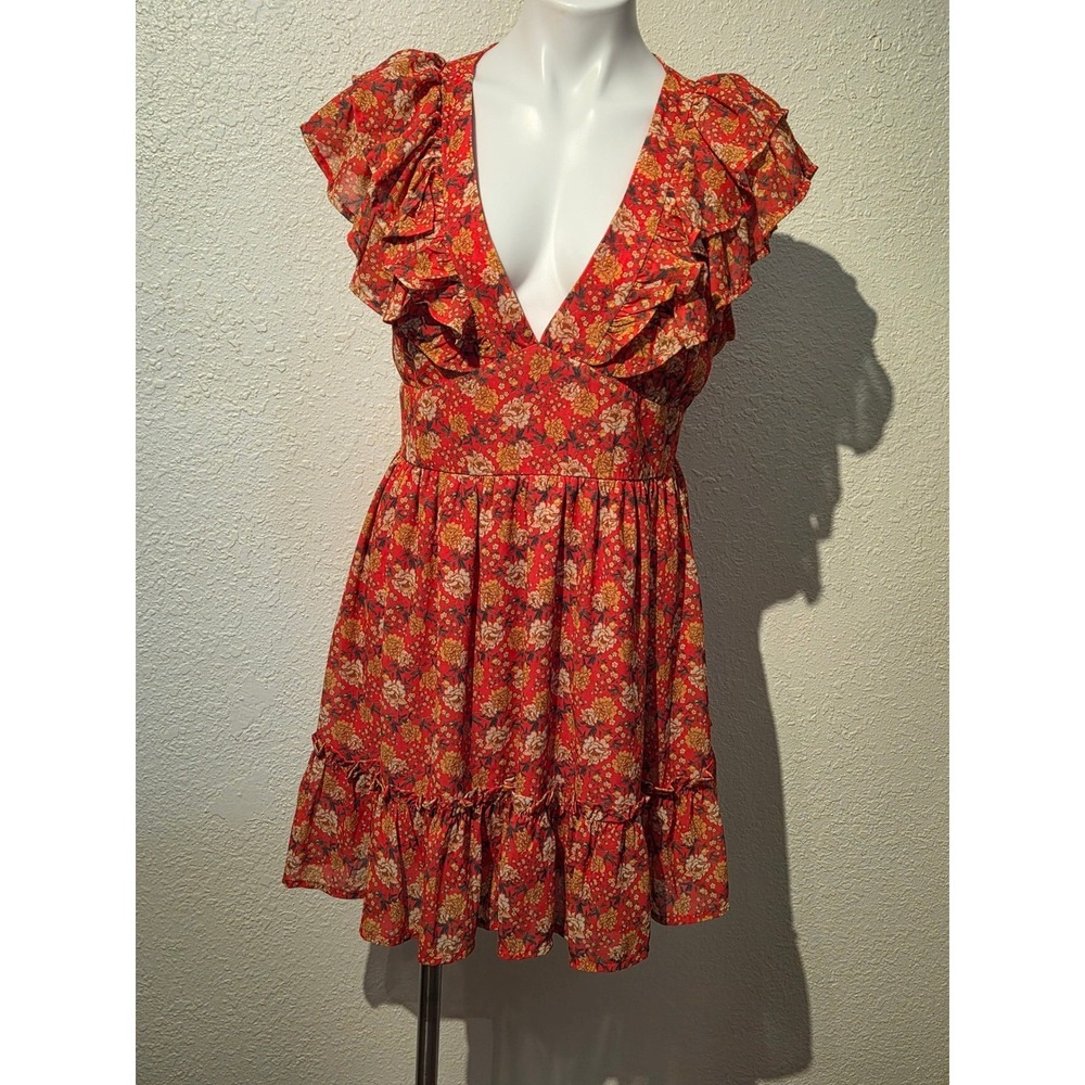 Altar'd State Red Floral Ruffle V-Neck Mini Dress AD1824 Womens Large Boho L